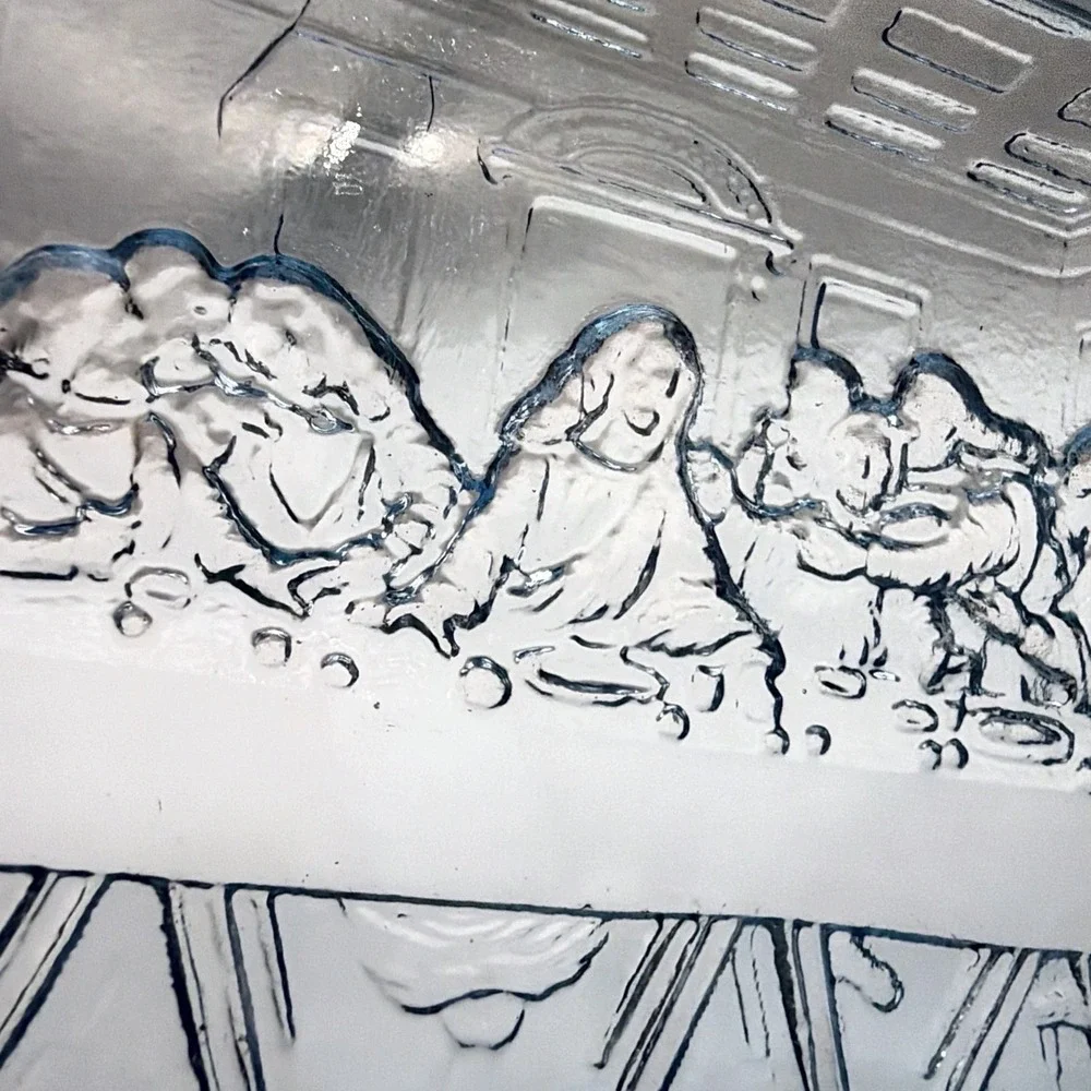 VTG Tiara Indiana Glass Light Blue Serving Tray Last Supper Relief Scalloped